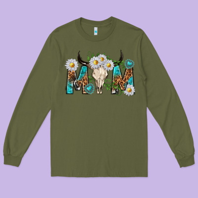 Mom With Bull Skull Long Sleeve Tee Designed By Texasbilliewilder