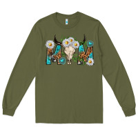 Army Green mom with bull skull Long Sleeve Tee - texasbilliewilder