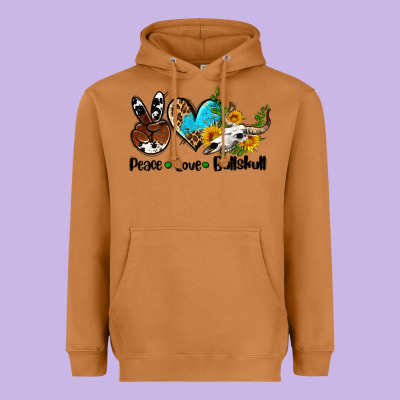 Peace Love  Bullskull Heavyweight Hoodie Designed By Adodesignshop