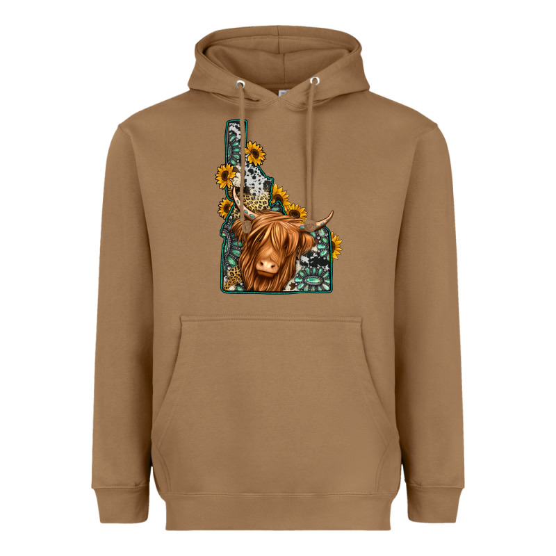 Idaho Map Long Haired Cow Heavyweight Hoodie by Jasminsmagicworld | Teevron