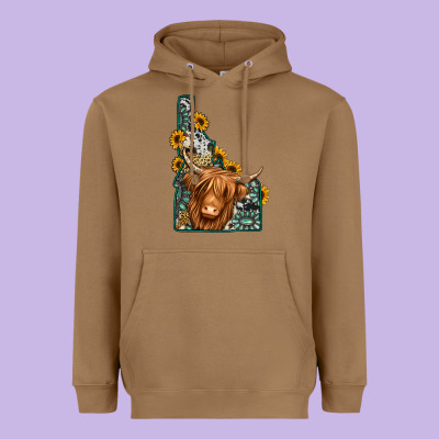 Idaho Map Long Haired Cow Heavyweight Hoodie Designed By Jasminsmagicworld