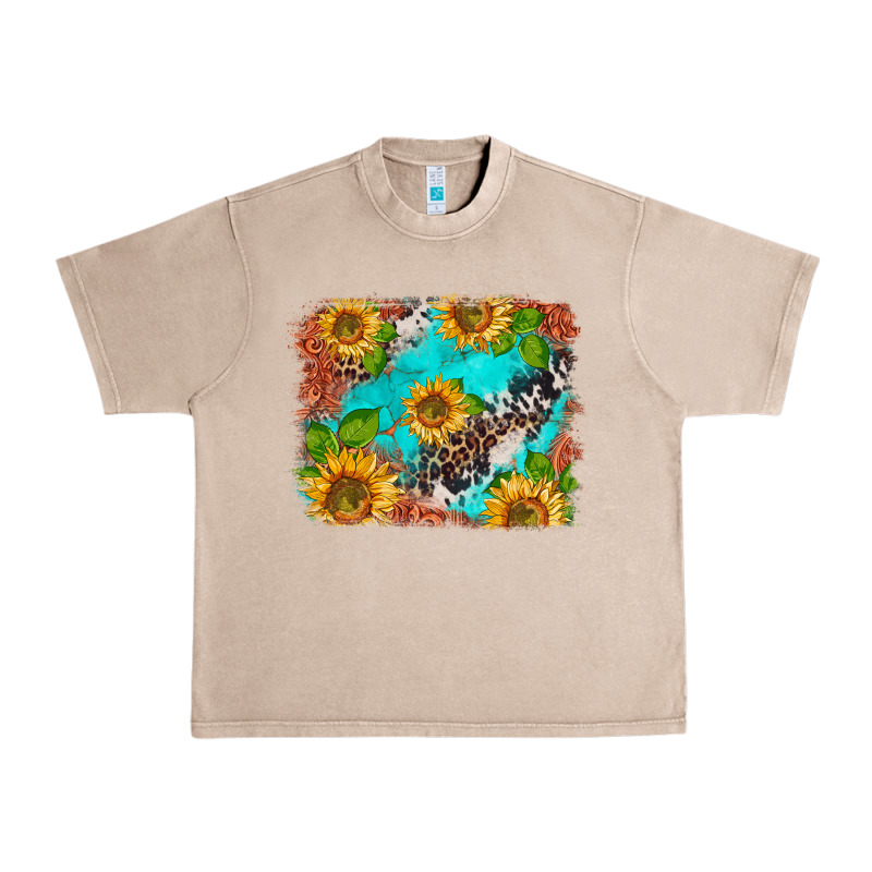 Western Sunflowers Turquoise Cowhide  Tooled Leather Urban Heavy Tee by BarkalooDesign | Teevron
