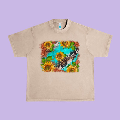 Western Sunflowers Turquoise Cowhide  Tooled Leather Urban Heavy Tee Designed By Barkaloodesign