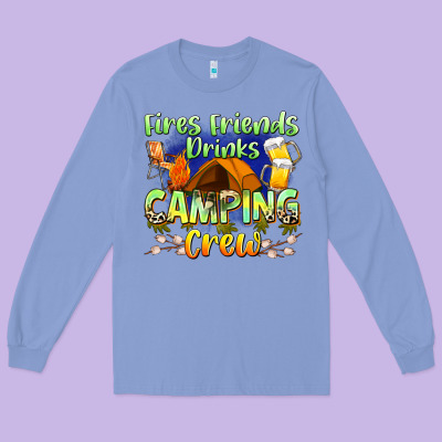 Fires Friends Drinks Camping Crew Long Sleeve Tee Designed By Zillion Design Studio