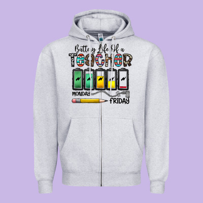 Battery Life Of A Teacher Monday Friday Zipper Hoodie Designed By Cowhidedigitalart