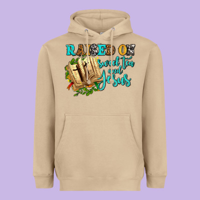 Raised On Sweet Tea And Jesus Heavyweight Hoodie Designed By Adodesignshop