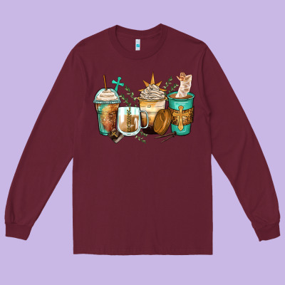 Jesus Coffee Cups Long Sleeve Tee Designed By Zillion Design Studio