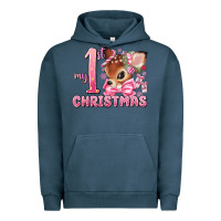 Pigment Midnight Navy my first christmas pink reindeer Urban Hoodie - MaliasSmallBusiness