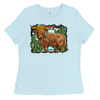 Baby Blue western cactus highland cow Ladies Tee - BarkalooDesign