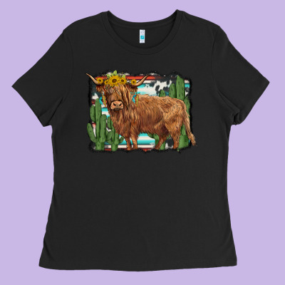 Western Cactus Highland Cow Ladies Tee Designed By Barkaloodesign