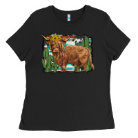 Black western cactus highland cow Ladies Tee - BarkalooDesign