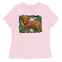 Bubblegum Pink western cactus highland cow Ladies Tee - BarkalooDesign
