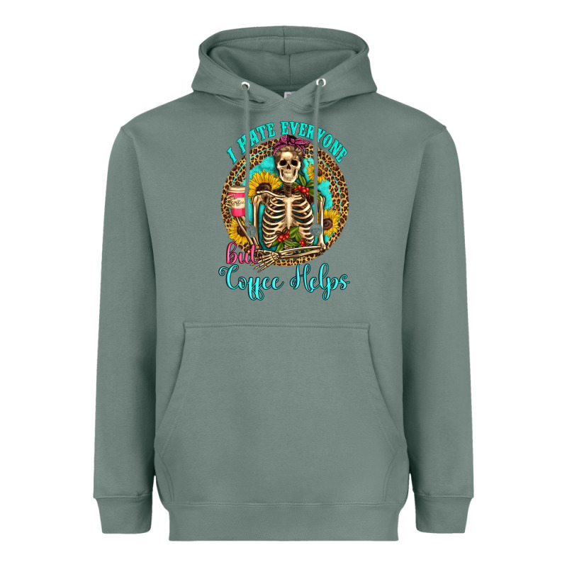 I Hate Everyone But Coffee Helps Western Skeleton Coffee Sunflowers Heavyweight Hoodie by Artiststas | Teevron