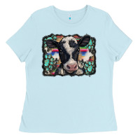 Baby Blue western background turquoises gemstones black and white baby cow Ladies Tee - BarkalooDesign