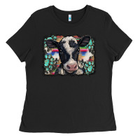 Black western background turquoises gemstones black and white baby cow Ladies Tee - BarkalooDesign