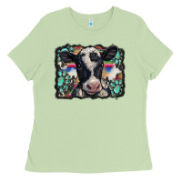 Matcha western background turquoises gemstones black and white baby cow Ladies Tee - BarkalooDesign