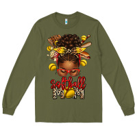 Army Green softball mom afro messy bun Long Sleeve Tee - texasbilliewilder