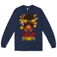Navy softball mom afro messy bun Long Sleeve Tee - texasbilliewilder