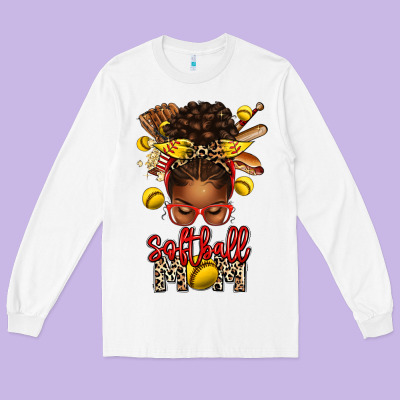 Softball Mom Afro Messy Bun Long Sleeve Tee Designed By Texasbilliewilder