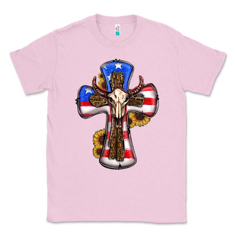 American Flag Cross Cow Skull Sunflowers Classic Tee by RanaPortraitStore | Teevron