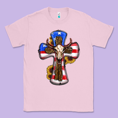American Flag Cross Cow Skull Sunflowers Classic Tee Designed By Ranaportraitstore