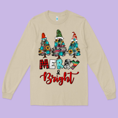 Western Trees Merry And Bright Christmas Long Sleeve Tee Designed By Ranaportraitstore