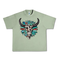 Oil Green western bull skull with sunflower and gemstone Urban Heavy Tee - texasbilliewilder