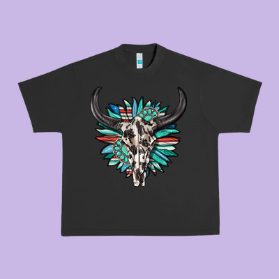 Urban Heavy Tee western bull skull with sunflower and gemstone