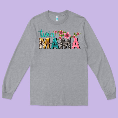 Twin Mama With Flowers Long Sleeve Tee Designed By Texasbilliewilder