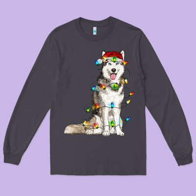 Husky With Christmas Lights Long Sleeve Tee Designed By Ranaportraitstore