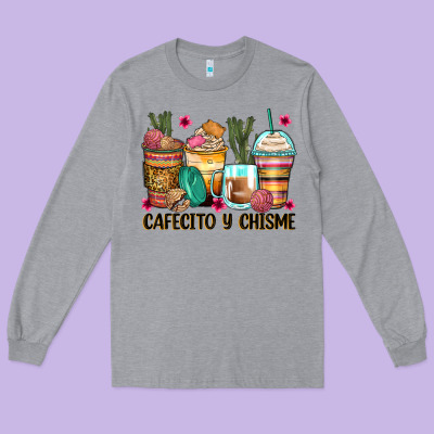 Cafecito Y Chisme Coffee Cups Long Sleeve Tee Designed By Zillion Design Studio