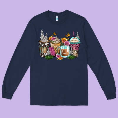 Floral Coffee Cups Long Sleeve Tee Designed By Zillion Design Studio