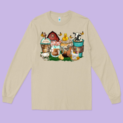 Farm Animals Coffee Cups Long Sleeve Tee Designed By Zillion Design Studio
