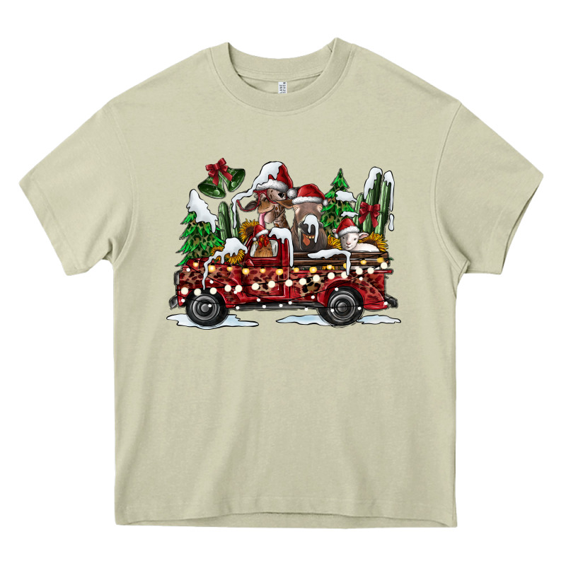 Festive Farm Animal Christmas Truck Heavy Core Tee by CowhideDigitalArt | Teevron