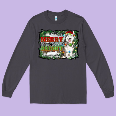 Merry And Bright Husky Farm  Background Long Sleeve Tee Designed By Ranaportraitstore
