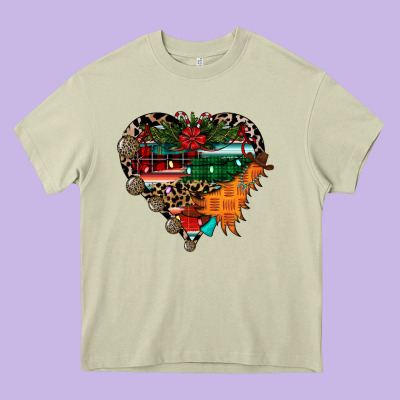 Festive Western Christmas Heart Heavy Core Tee Designed By Cowhidedigitalart