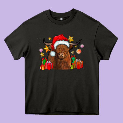 Festive Highland Cow Heavy Core Tee Designed By Cowhidedigitalart