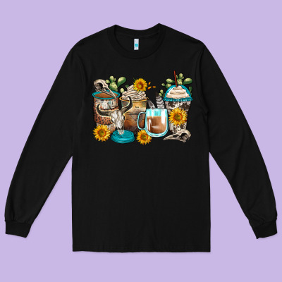 Bull Skull Coffee Cups Long Sleeve Tee Designed By Zillion Design Studio
