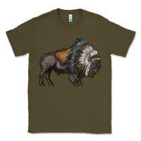 Army Green bison with indian headdress Classic Tee - RanaPortraitStore