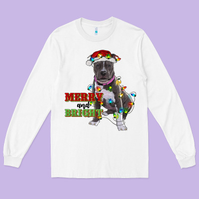 Merry And Bright Pitbull Long Sleeve Tee Designed By Ranaportraitstore