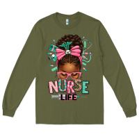 Army Green afro messy bun nurse life Long Sleeve Tee - texasbilliewilder