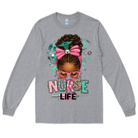 Heather Grey afro messy bun nurse life Long Sleeve Tee - texasbilliewilder