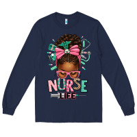 Navy afro messy bun nurse life Long Sleeve Tee - texasbilliewilder