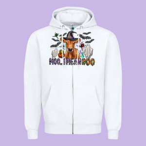 Moo I Mean Boo Zipper Hoodie Designed By Cowhidedigitalart