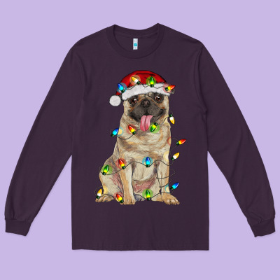 Pug With Christmas Lights Long Sleeve Tee Designed By Ranaportraitstore