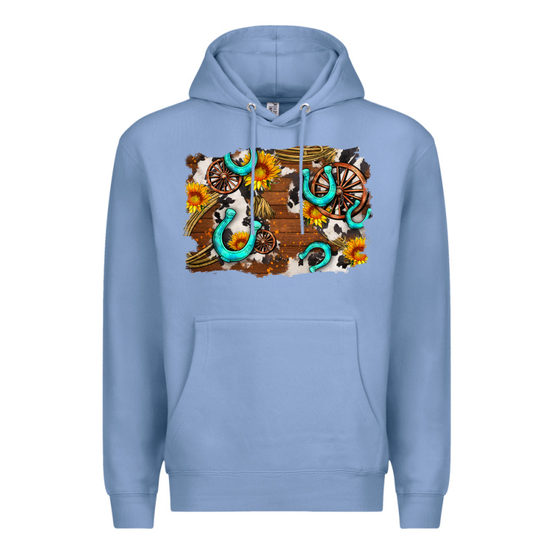 Western Cowhide Horseshoe Sunflower Background Premium Hoodie by AdoDesignShop | Teevron
