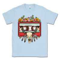 Dusty Blue bull skull sunflower floral cassette Classic Tee - FaDigitalArtStudio