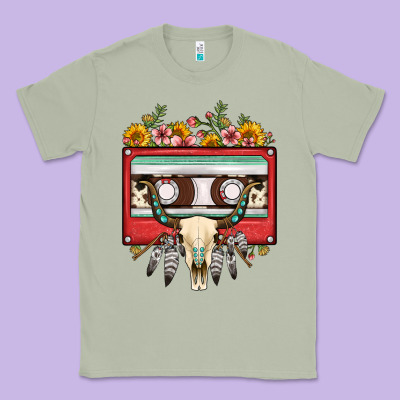 Bull Skull Sunflower Floral Cassette Classic Tee Designed By Fadigitalartstudio