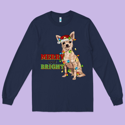 Merry And Bright Chihuahua Long Sleeve Tee Designed By Ranaportraitstore