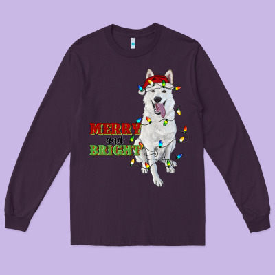 Merry And Bright White Shepherd Long Sleeve Tee Designed By Ranaportraitstore